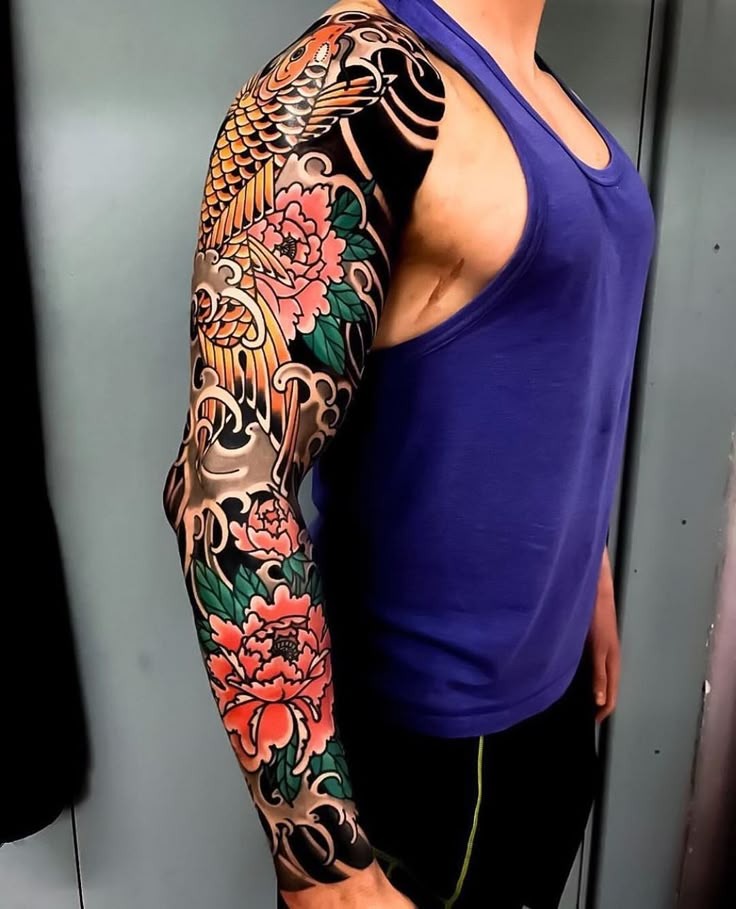 Golden Koi and Cherry Blossoms Tattoo Design
