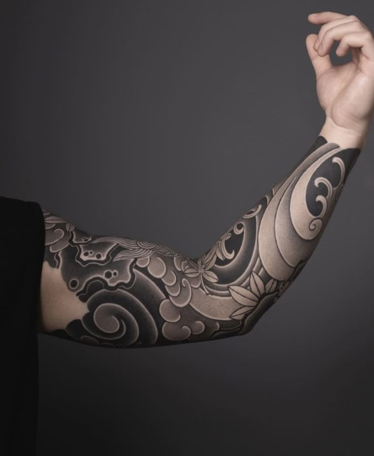 Oni and Red Floral Full Arm Sleeve Tattoo Design