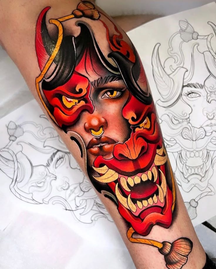Red Oni and Woman Fusion Tattoo Tattoo Design