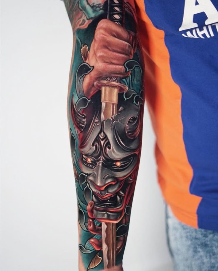 The Samurai and Oni Warrior Leg Tattoo Tattoo Design