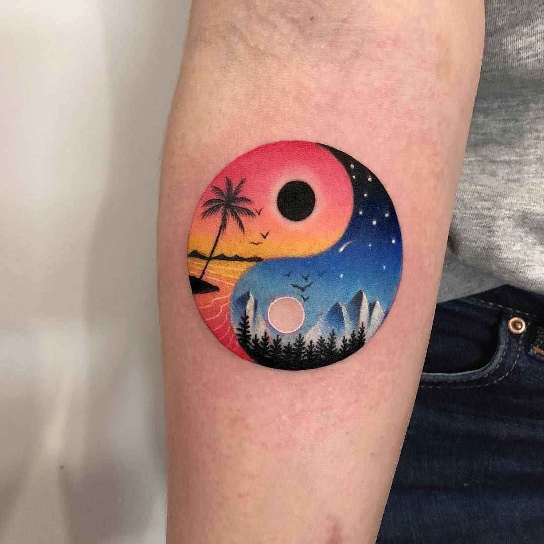 Color Yin-Yang Landscape Mountain Tropics Tattoo Tattoo Design