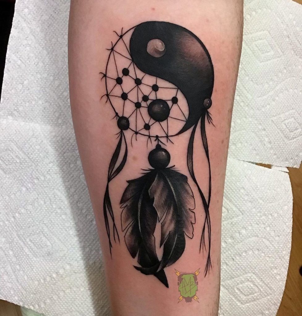 Dreamcatcher with Feathers Yin-Yang Blackwork Tattoo Tattoo Design