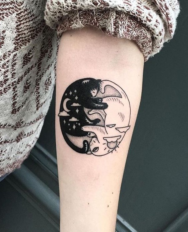 Illustrative Cats Yin-Yang Sun & Moon Tattoo Tattoo Design