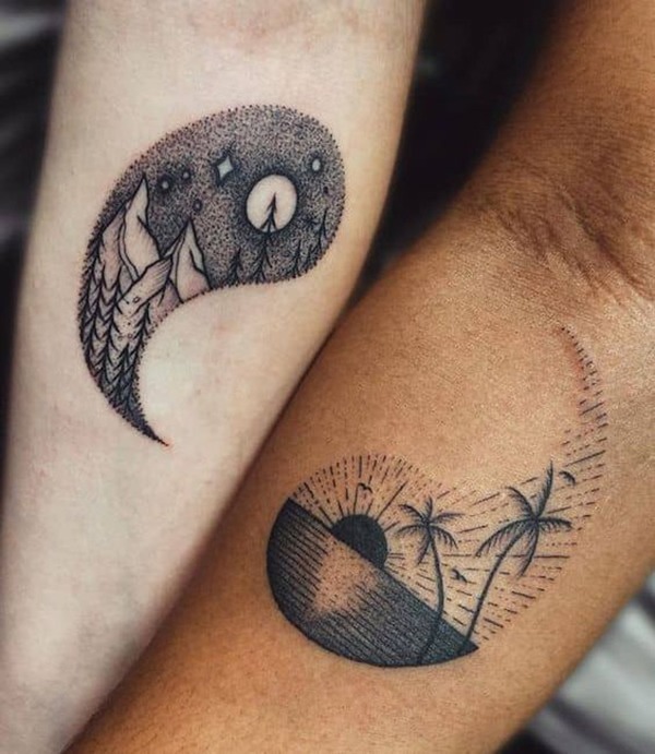Illustrative Landscape Mountain Ocean Yin-Yang Tattoo Tattoo Design