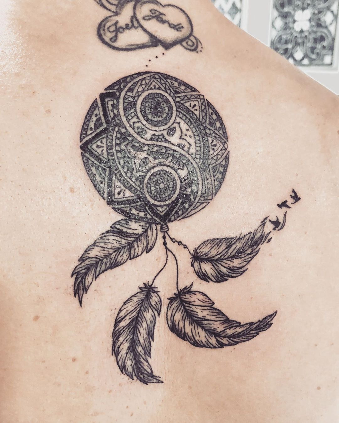 Mandala Dreamcatcher Yin Yang Tattoo Design with Feathers Tattoo Design