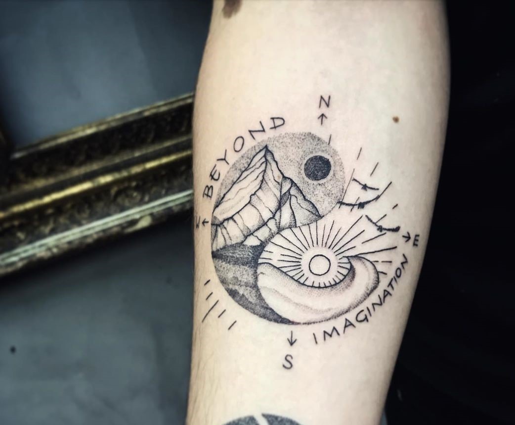 Mountain Ocean Compass Yin-Yang Illustrative Style Tattoo Tattoo Design