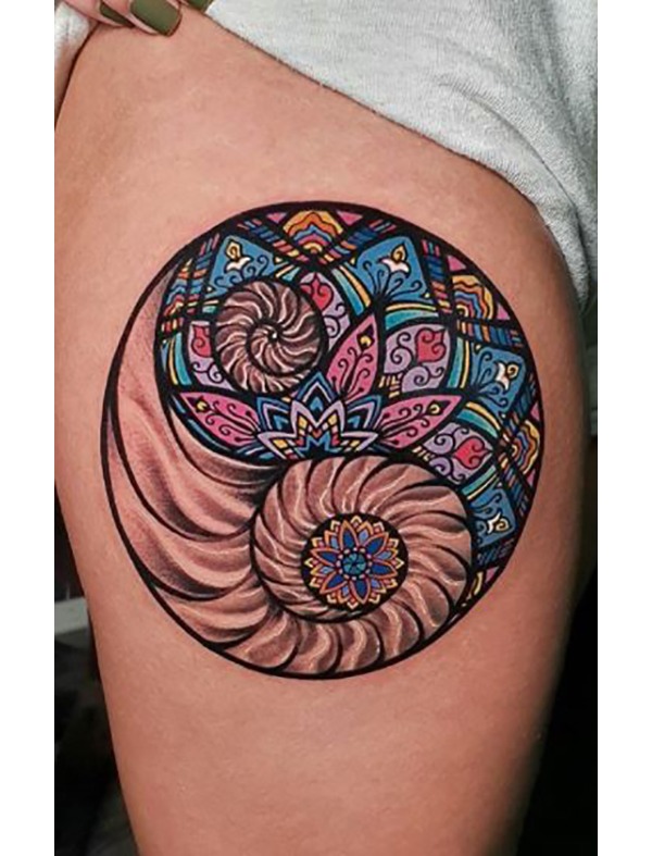 Nautilus Shell Mandala Flower Yin-Yang Color Tattoo Tattoo Design