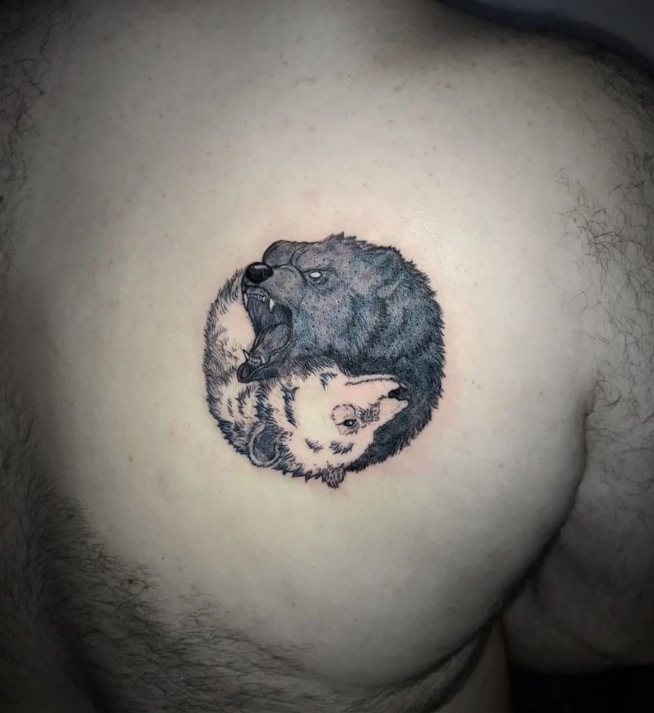 Realistic Bear Yin-Yang Tattoo in Grayscale Tattoo Design