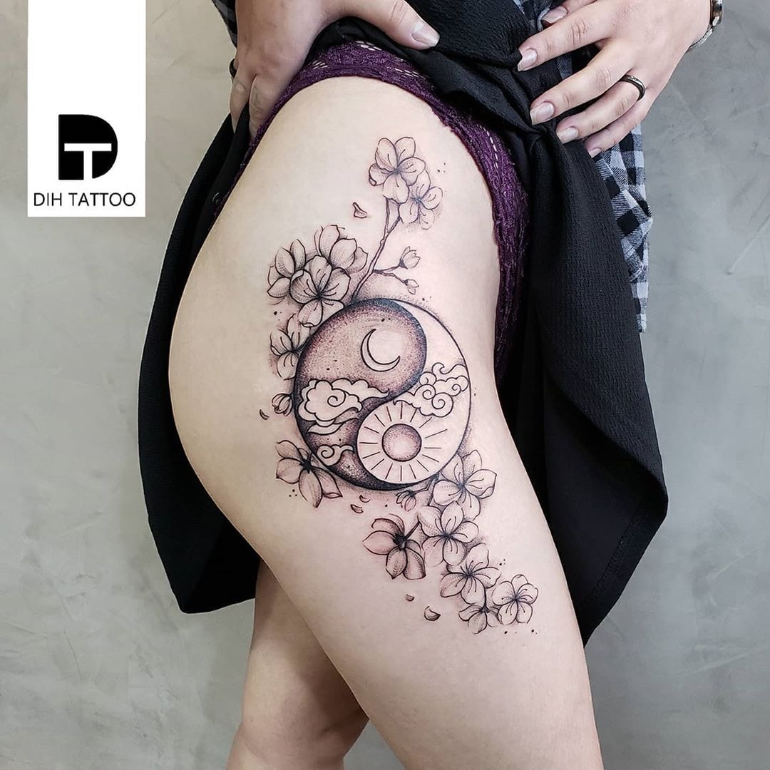 Sakura Yin-Yang Sun & Moon Tattoo Tattoo Design