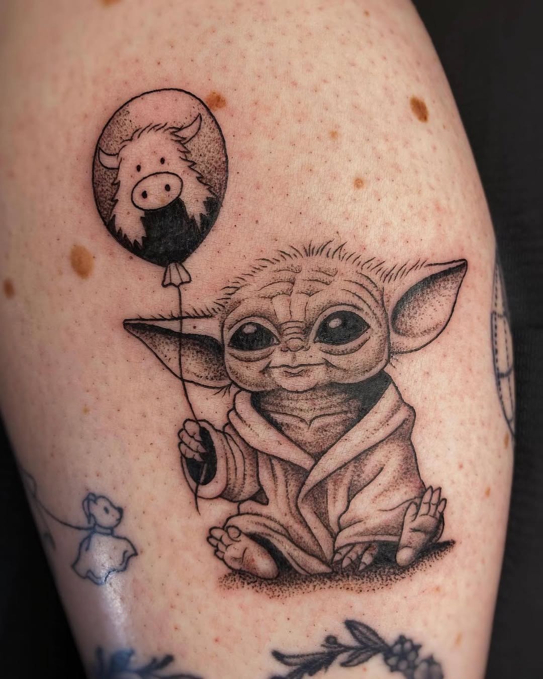 Adorable Yoda Tattoo Holding a Balloon Tattoo Design
