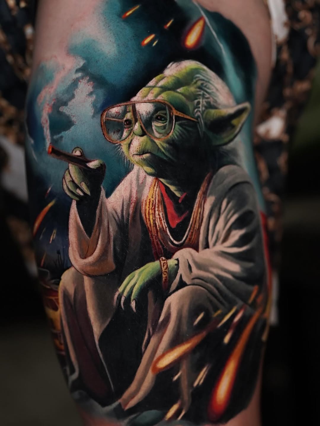 Intricate Yoda Design with Floral Accents Tattoo Design