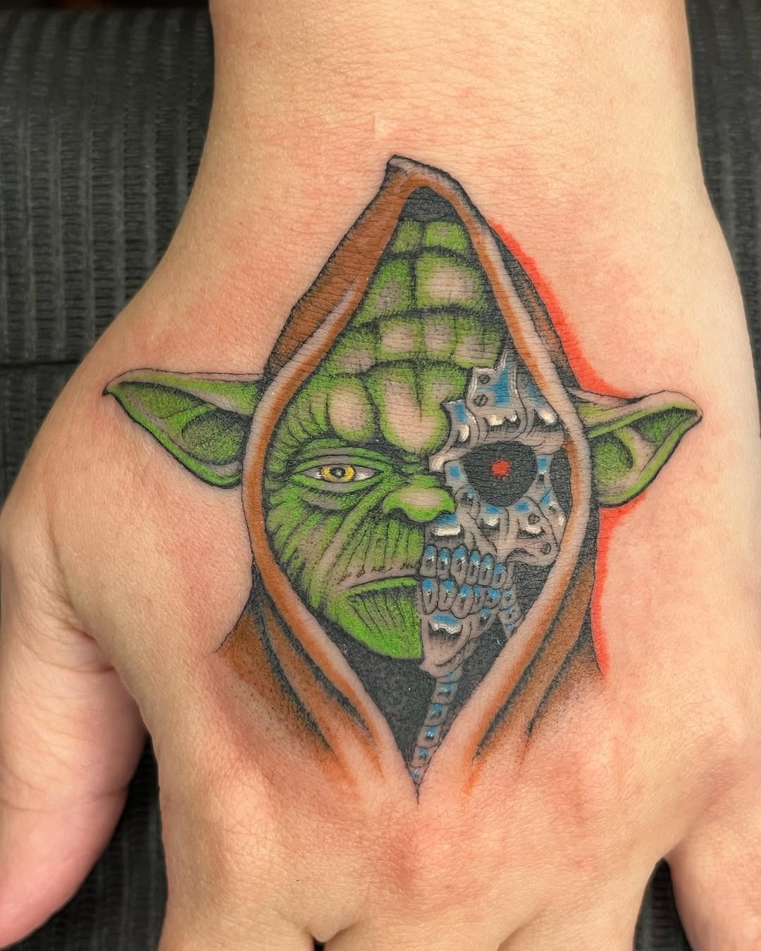 Unique Yoda tattoo with a cybernetic twist Tattoo Design