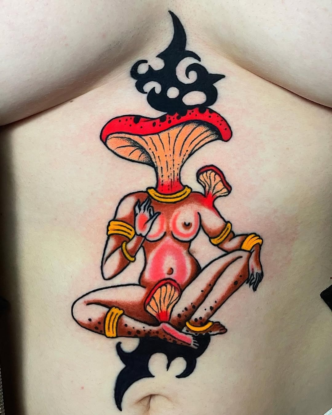 A surreal yoga-inspired mushroom tattoo design. Tattoo Design