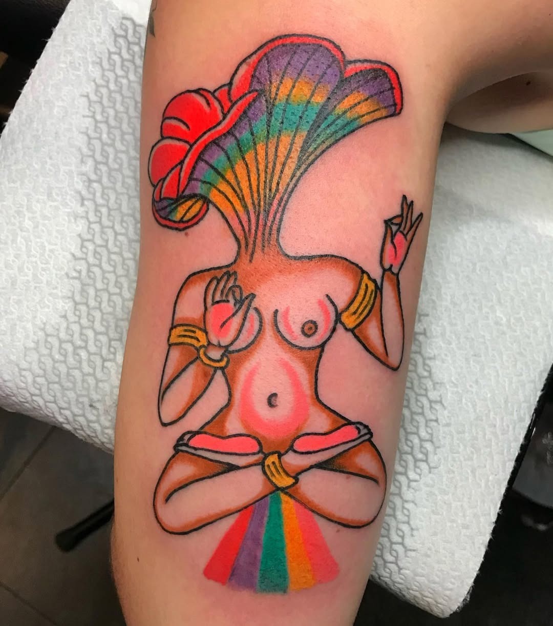 Cosmic yoga tattoo with vibrant planetary elements Tattoo Design