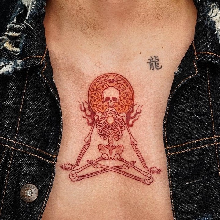 Elegant Buddha Yoga Tattoo with Cosmic Elements Tattoo Design