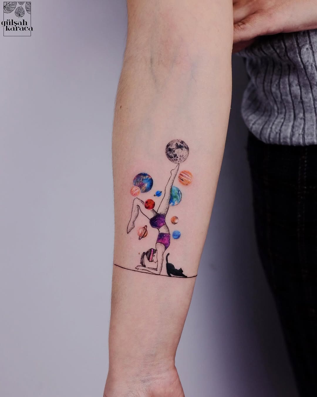 Graceful yoga pose intertwined with playfulness Tattoo Design