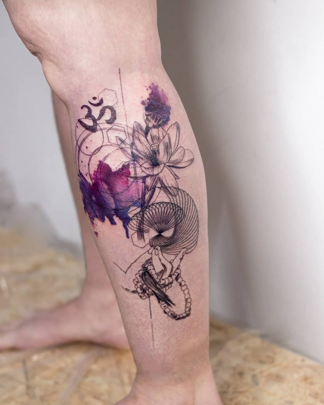 Intricate yoga-inspired tattoo on leg design Tattoo Design