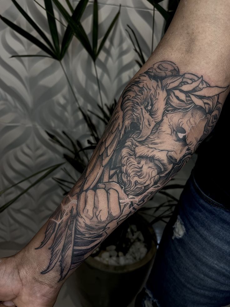 Dotwork Zeus with Laurel Accents Tattoo Design