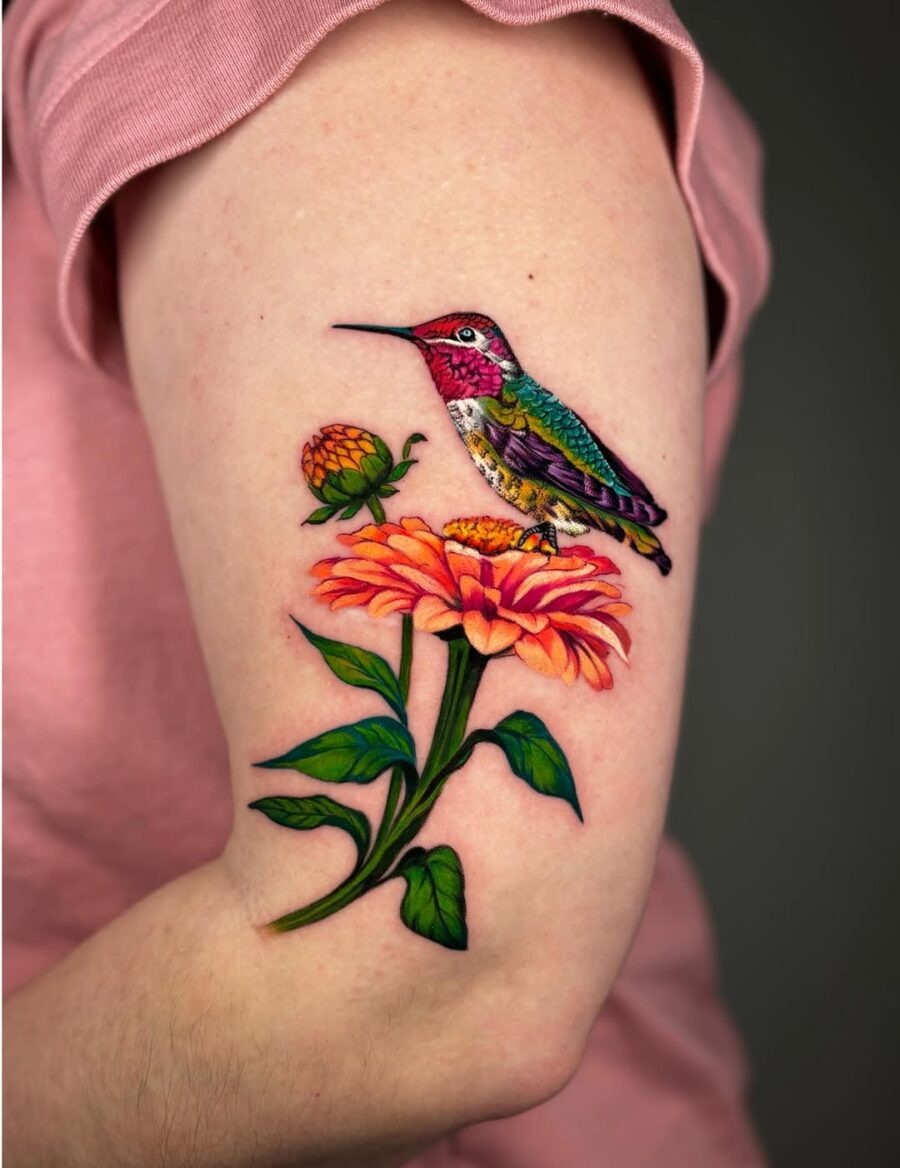 Colorful Hummingbird and Zinnia Tattoo Design Tattoo Design
