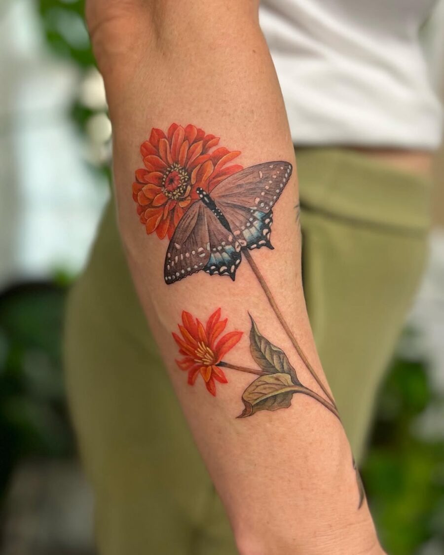 Colorful zinnia flower with butterfly tattoo Tattoo Design