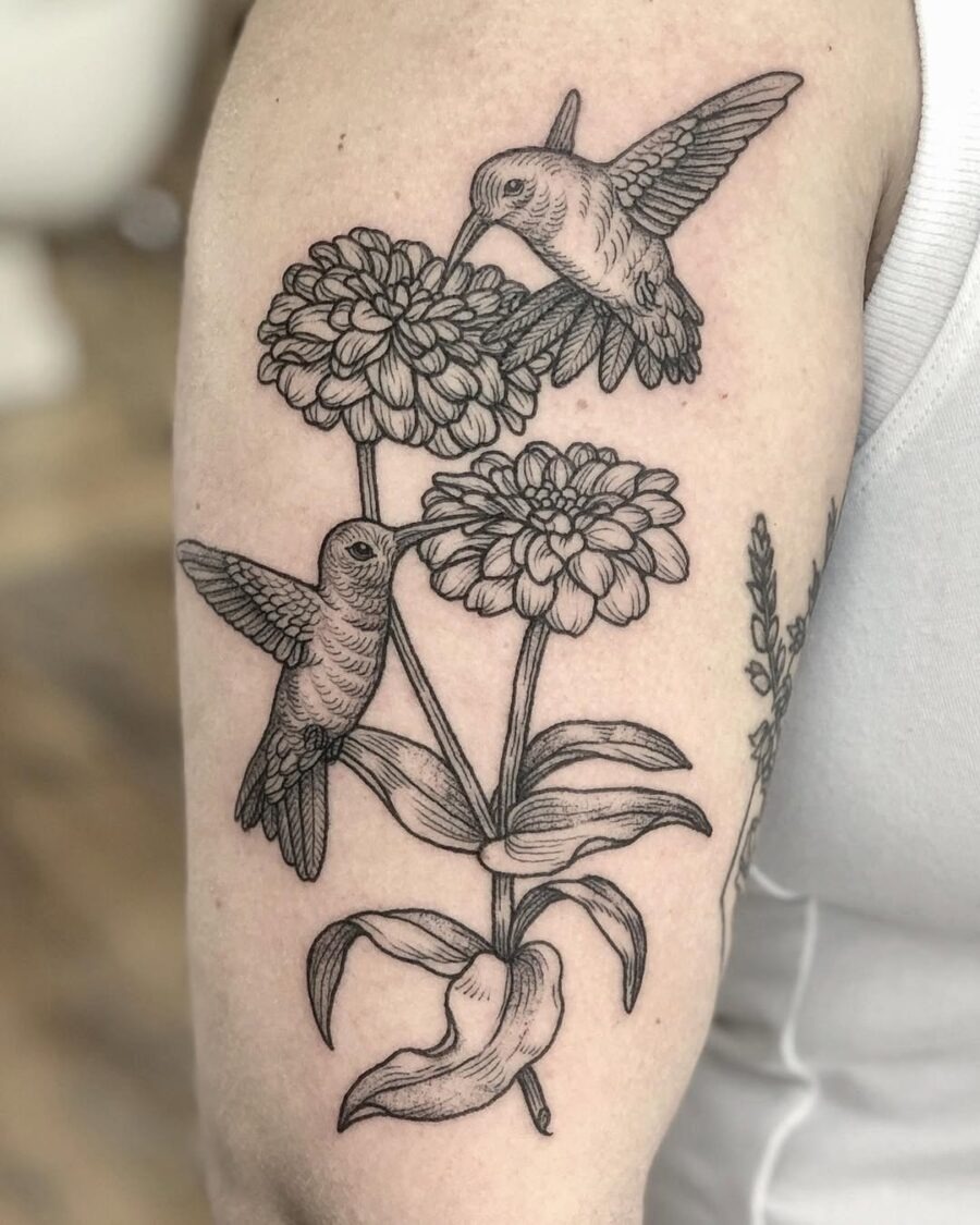 Elegant zinnia tattoo with hummingbirds Tattoo Design