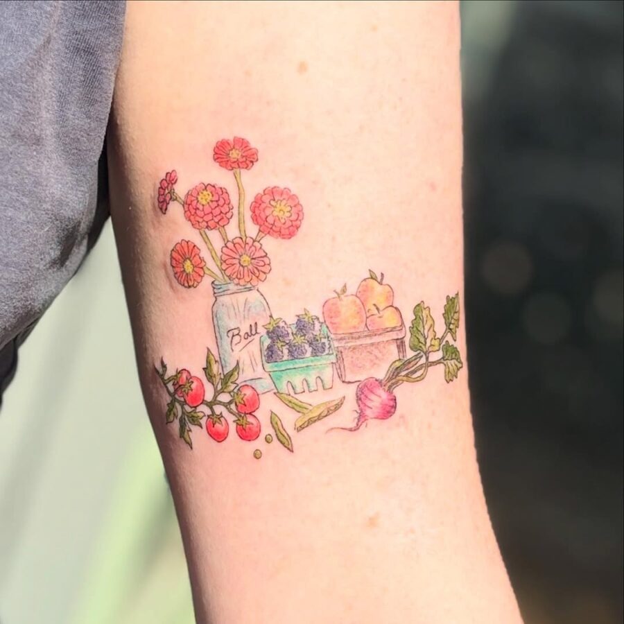 Vibrant Zinnia and Harvest-Themed Tattoo Tattoo Design