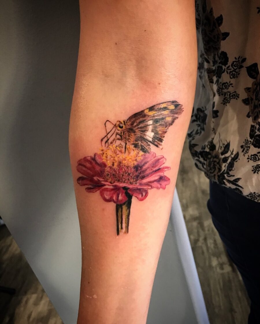 Vibrant Zinnia with a Butterfly Tattoo Design Tattoo Design